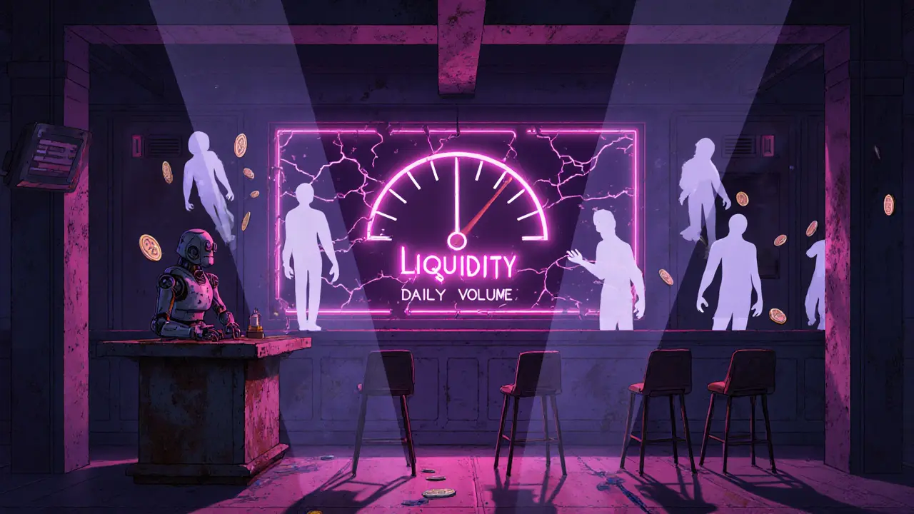 Empty retro-futuristic trading floor showing collapsed liquidity and falling crypto coins.