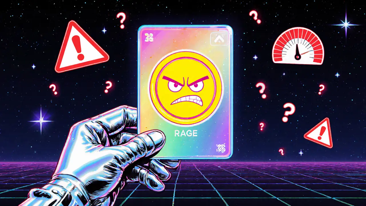 Holographic RAGE coin card with warning symbols in retro-futuristic style.