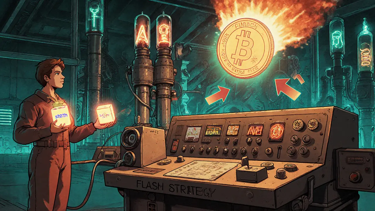 Retro control room where stETH and GLP are fed into a console that mints FLASH tokens.