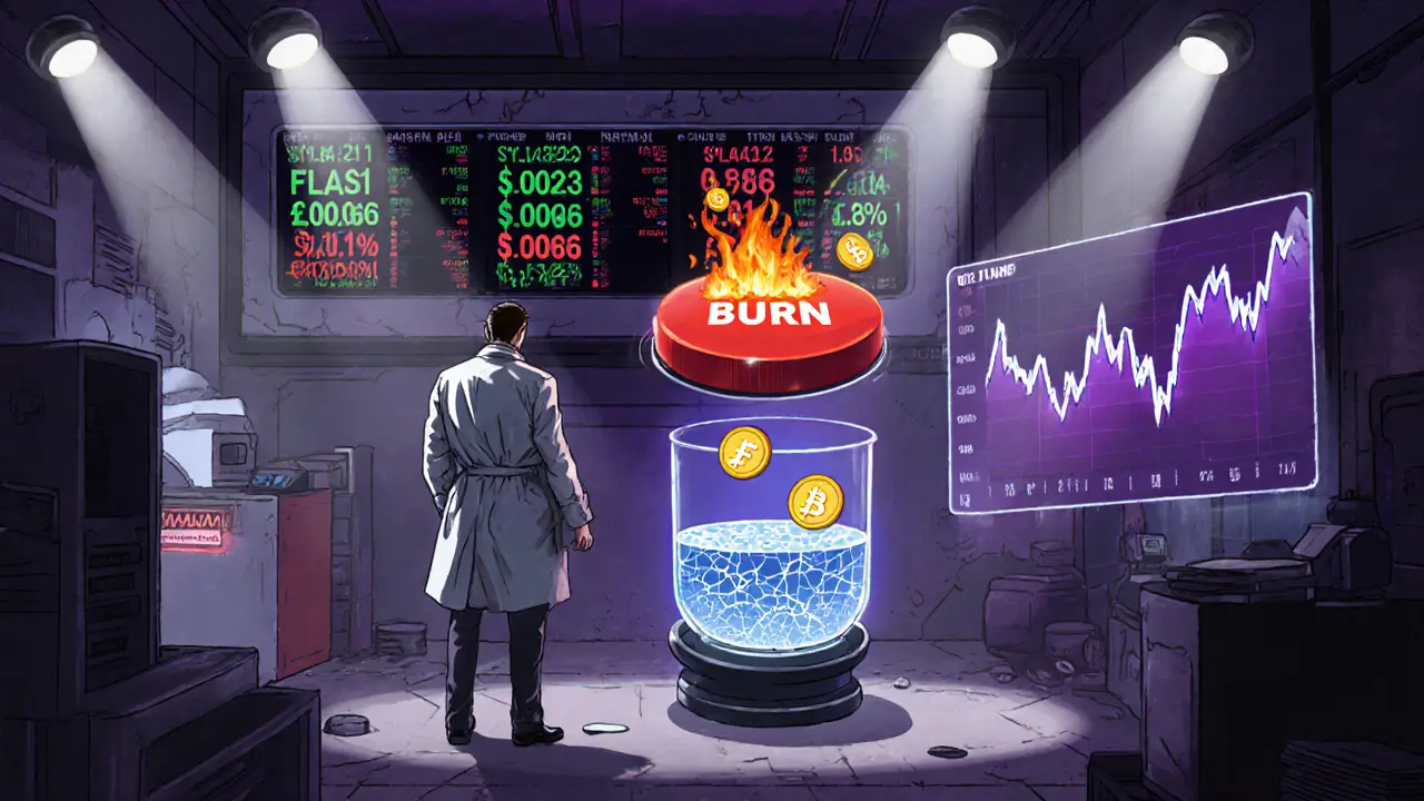 Retro-futuristic exchange floor showing volatile FLASH price, low liquidity tank, and burning tokens.