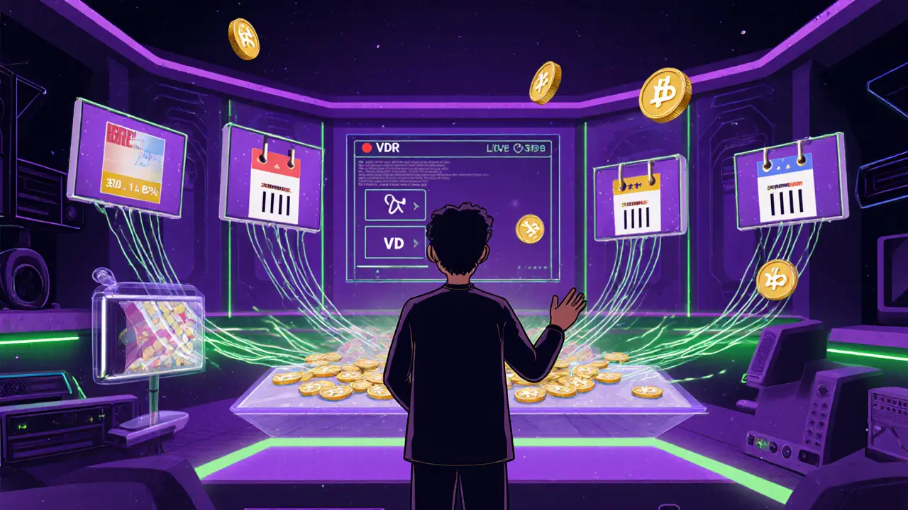 Streamer in a futuristic studio receives VDR tokens from holographic ads, showing governance and staking.