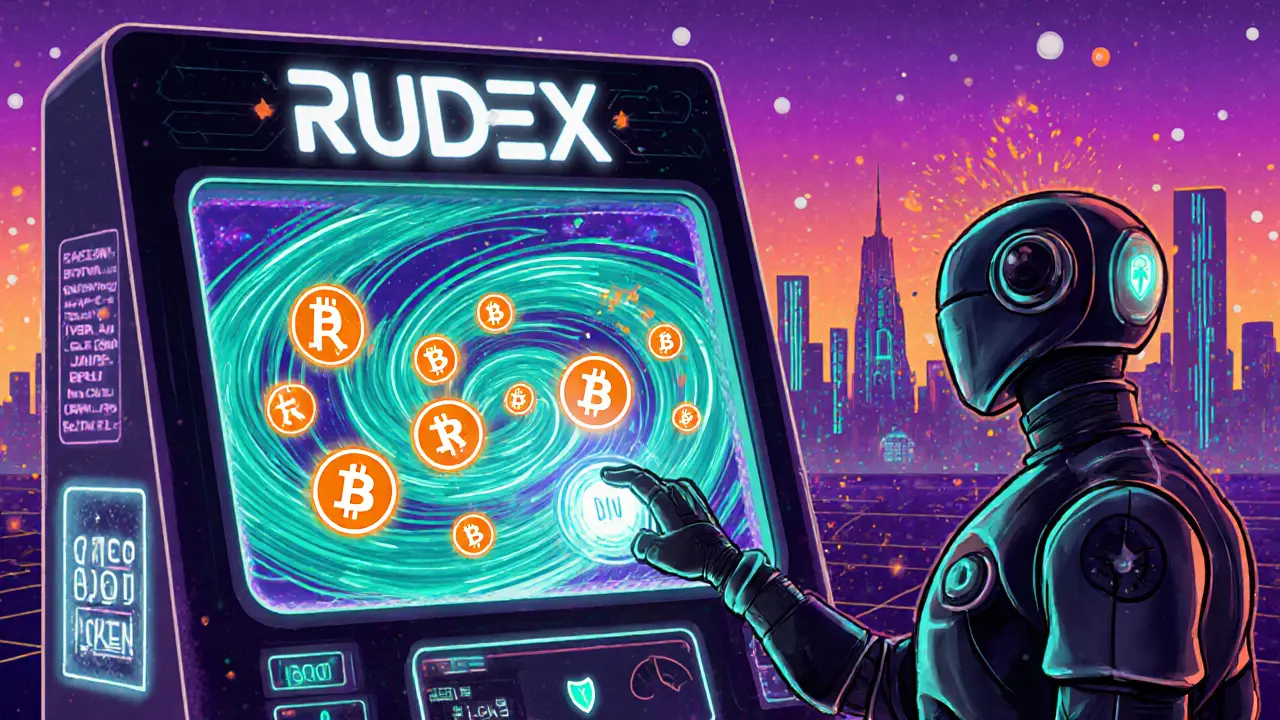 User swapping tokens at a neon kiosk using a retro-futuristic token swap interface.