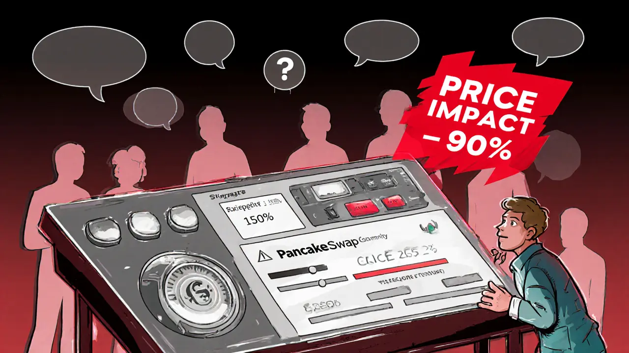 User trading CGU on PancakeSwap facing high slippage warning in retro‑futuristic style.