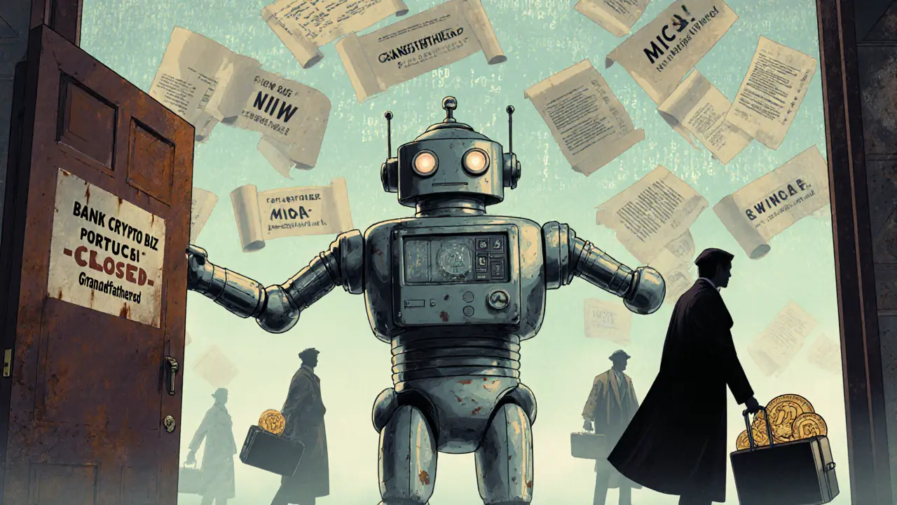 A frozen robot blocks a door labeled &#039;New Crypto Biz - CLOSED&#039; with grandfathered figures behind.