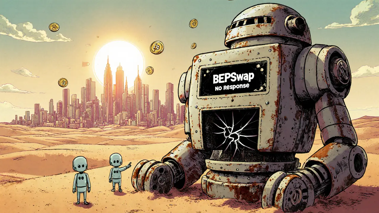 A rusted BEPSwap robot sits empty in a binary desert as users point helplessly, while a decentralized city glows in the distance.