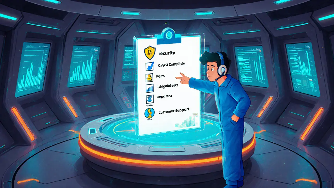 Analyst reviews a holographic checklist of exchange criteria.