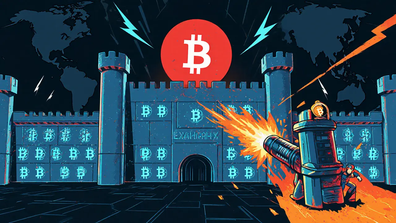 Bitcoin fortress guarded by hash symbols faces a red 51% alarm and a miner with an ASIC cannon.