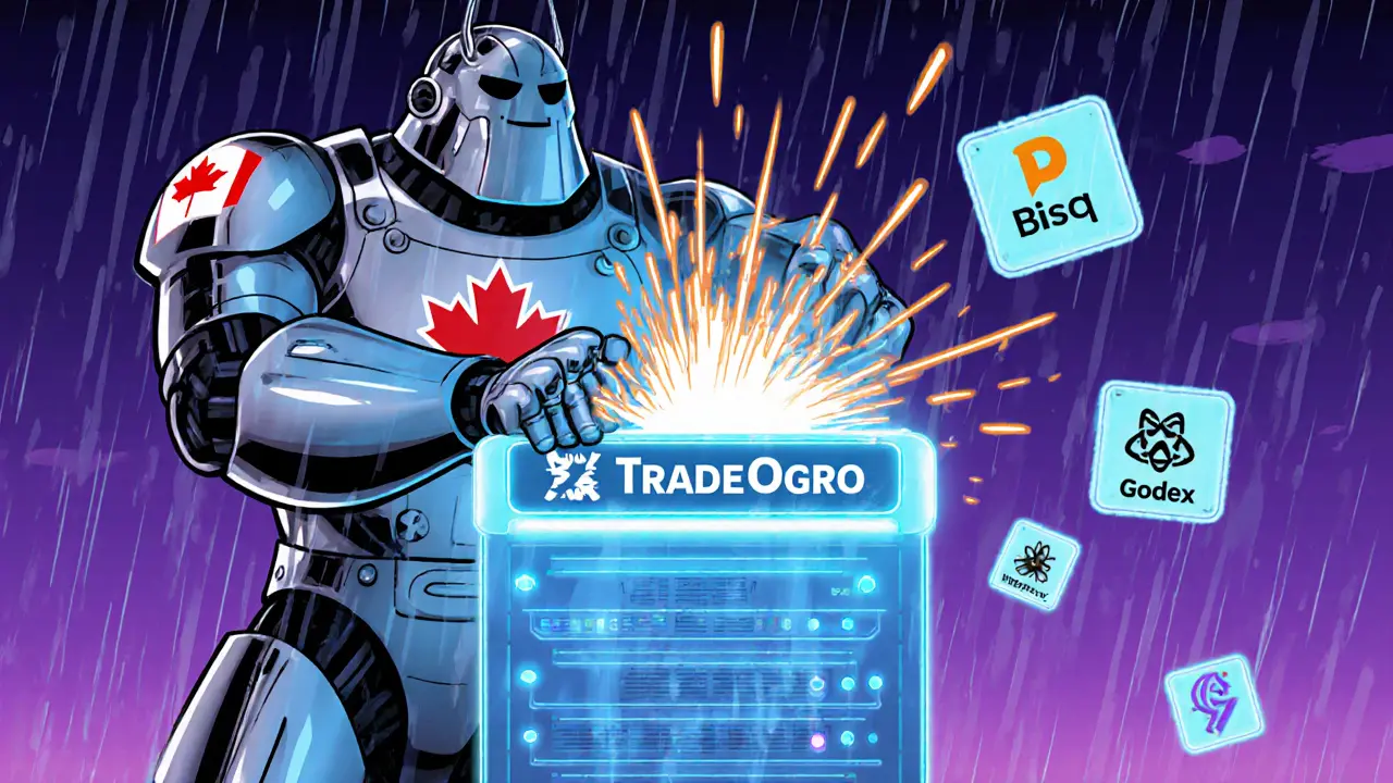 Canadian enforcement robot shuts down TradeOgre server, with alternative platform icons nearby.