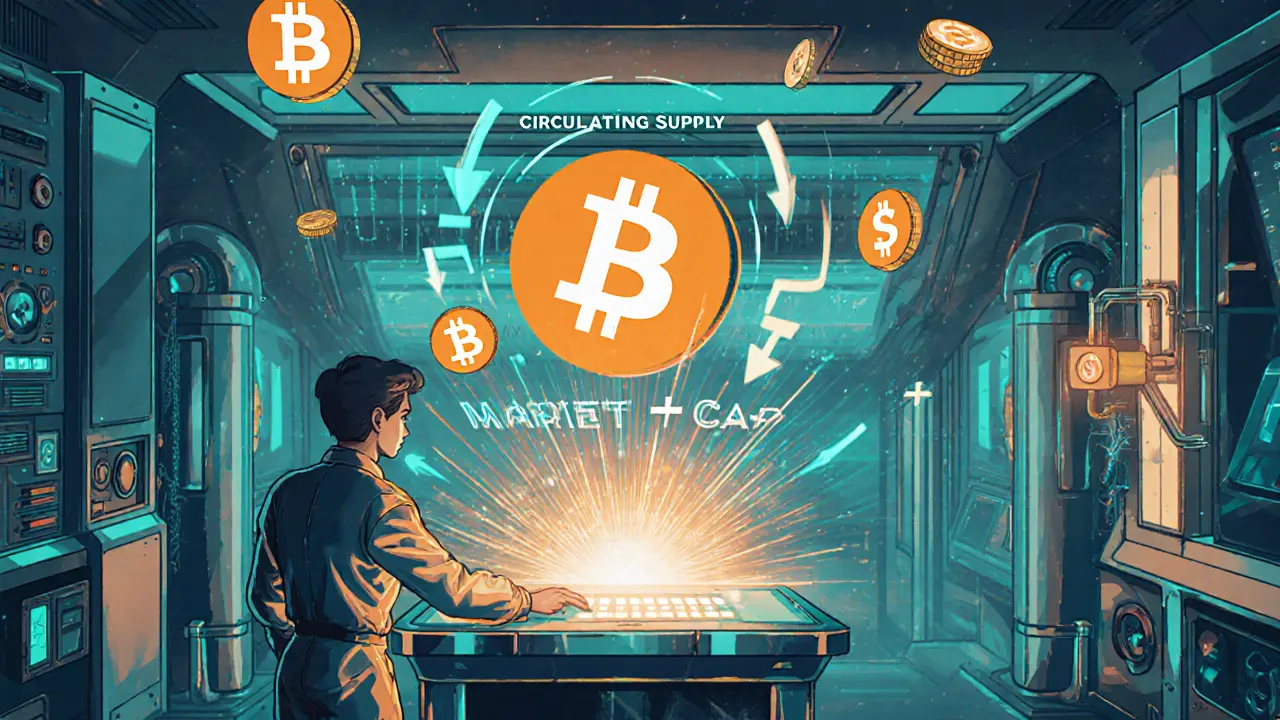 Cartoon control room with holographic dials calculating market cap from supply and price.