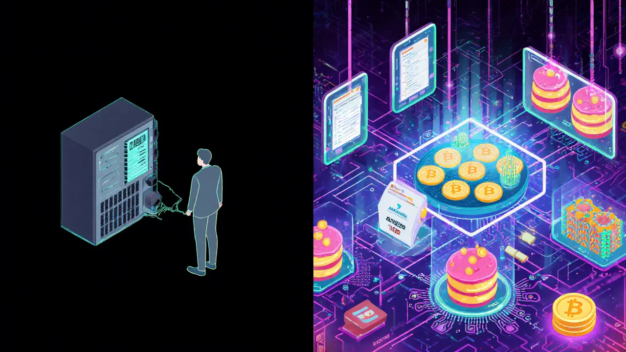Contrasting scenes: silent BEPSwap terminal vs. vibrant PancakeSwap hub with holographic tokens and voting ballots.