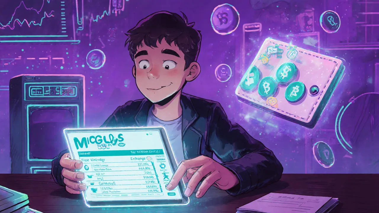 Creator using a holographic tablet to purchase MIGGLES and store it in a wallet.