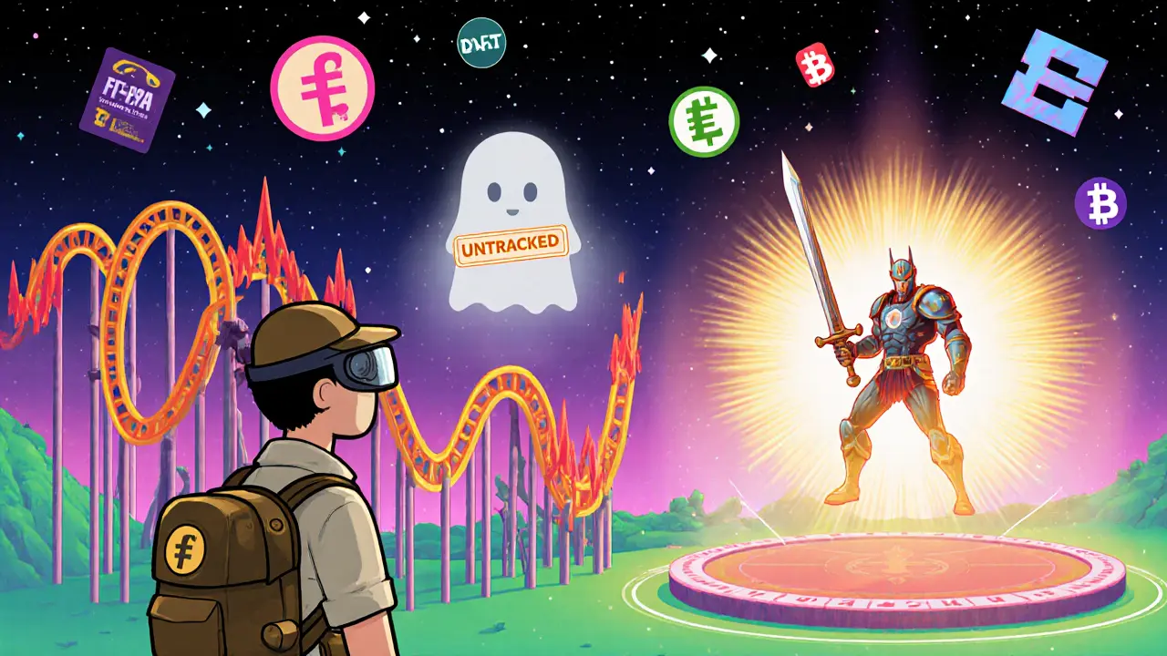 Explorer looking at a volatile price chart while a glowing NFT hero stands in a MOBA arena.
