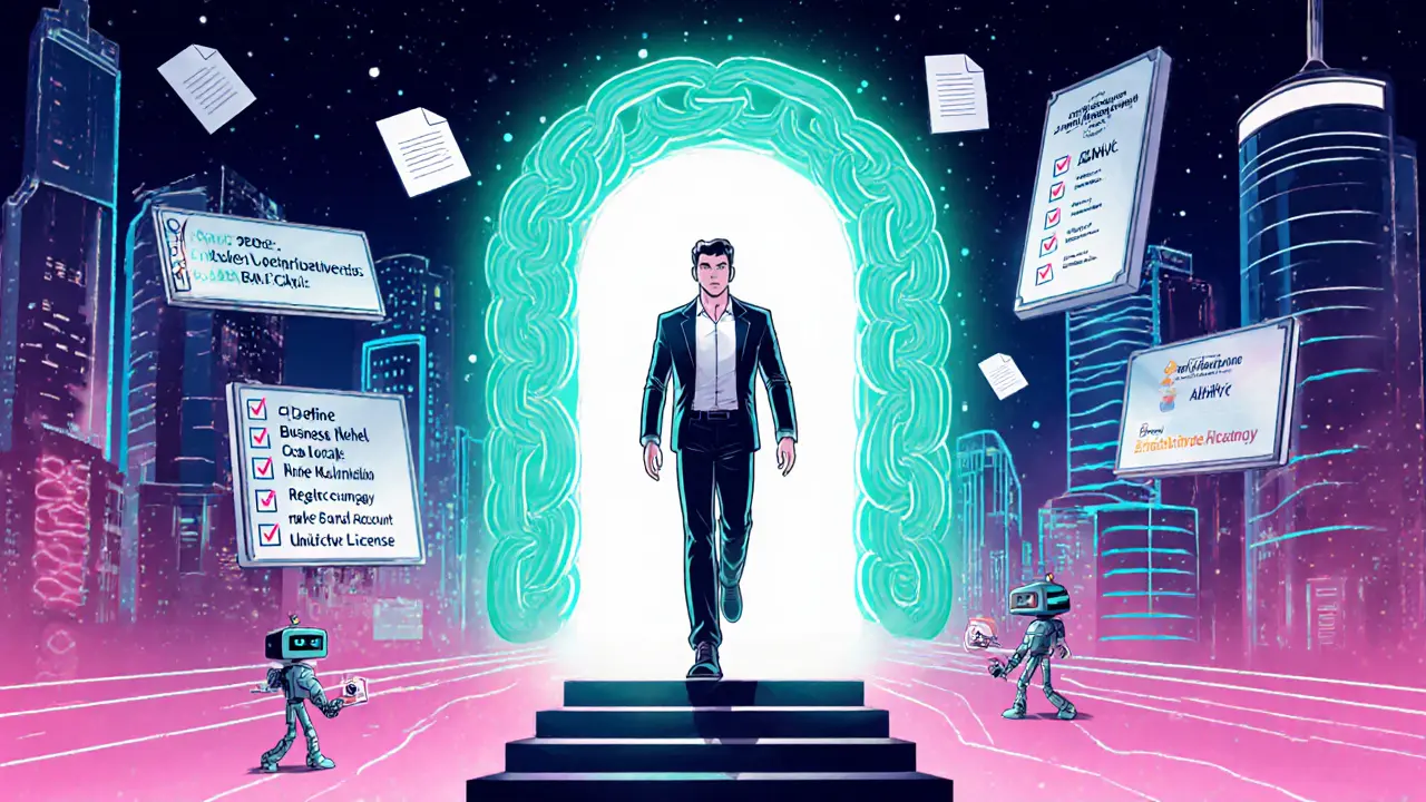 Founder walks through a glowing blockchain portal into a futuristic city with a compliance checklist.