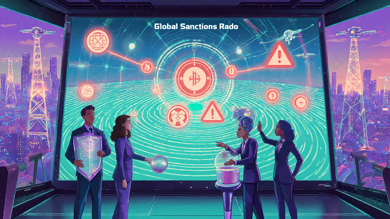 Future enforcement team monitoring a global sanctions radar with AI and zero‑knowledge tools.