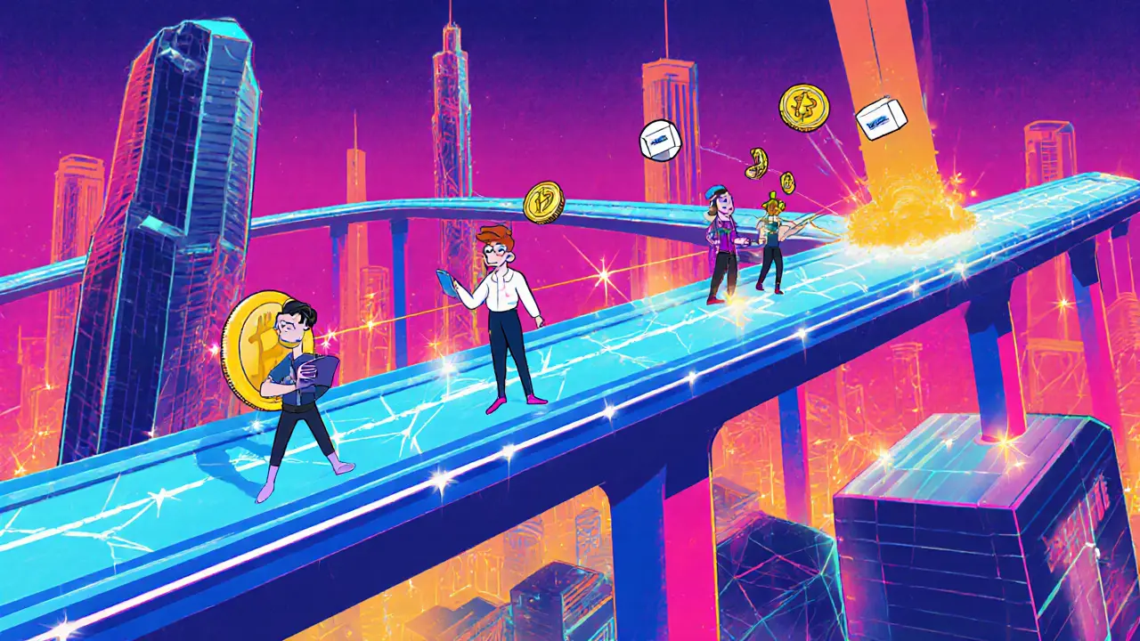 Futuristic blockchain highway with creators sending tip‑coins and voting icons.