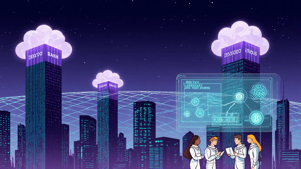 Futuristic cityscape with hybrid cloud towers and interlinked blockchain lines representing future banking.