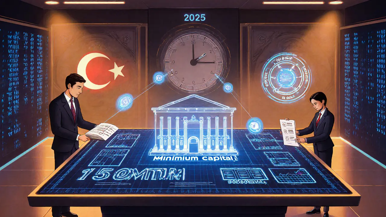 Futuristic office displaying crypto exchange and custodian licensing requirements with capital numbers.