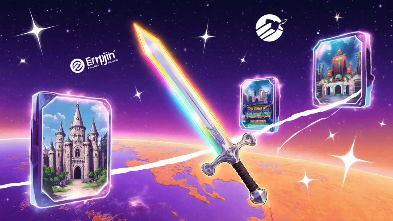 Futuristic sword NFT moving through portals to different game worlds with blockchain logos.