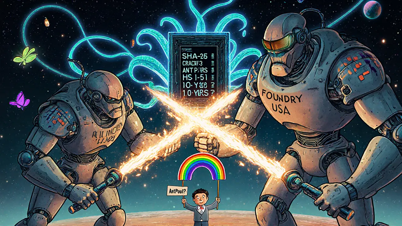 Giant robotic mining pools fighting in space, quantum computer looming, tiny figure suggesting to switch coins.