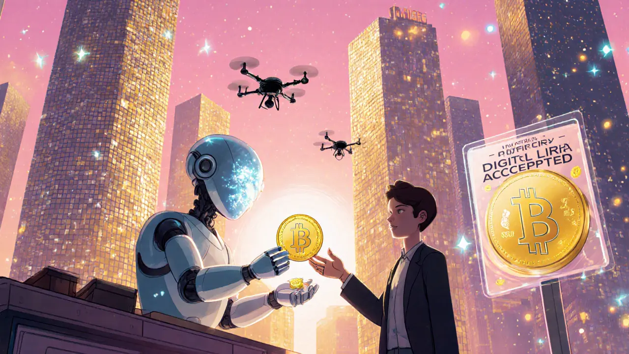 Holographic Digital Lira being offered to a citizen beside tokenized asset towers.