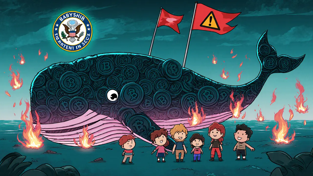 Huge whale token looming over cartoon avatars with red warning flags and SEC badge.