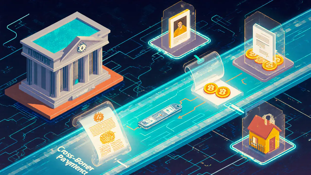 Illustration showing smart contracts and tokenized assets linking banks in a neon blockchain network.