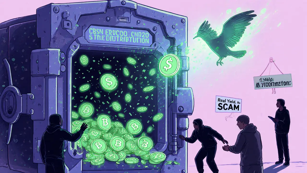 Mechanical vault releases CBSN tokens while fake NFTs disintegrate, user receives sETH token.