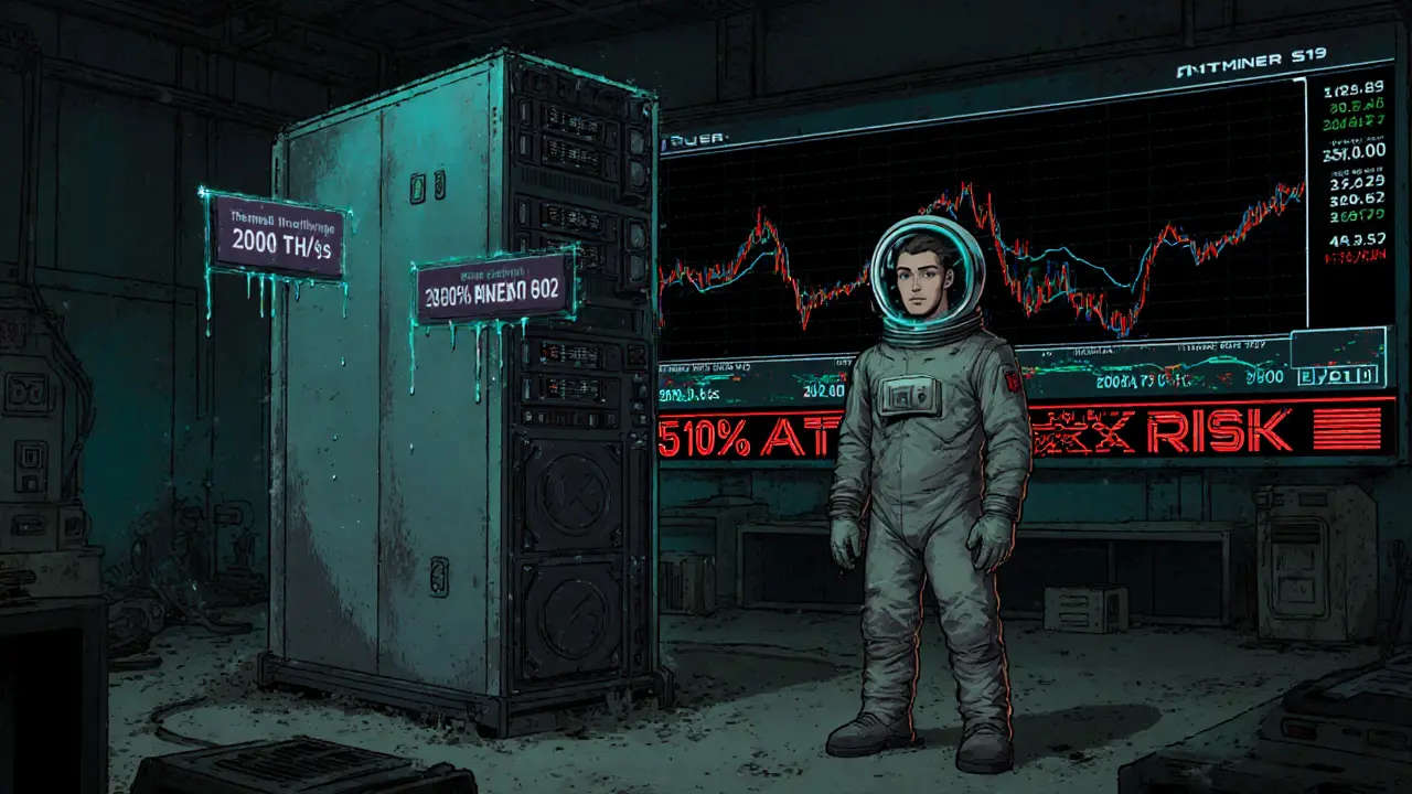 Miner beside a massive Antminer rig with holographic warnings about heat loss and network difficulty.