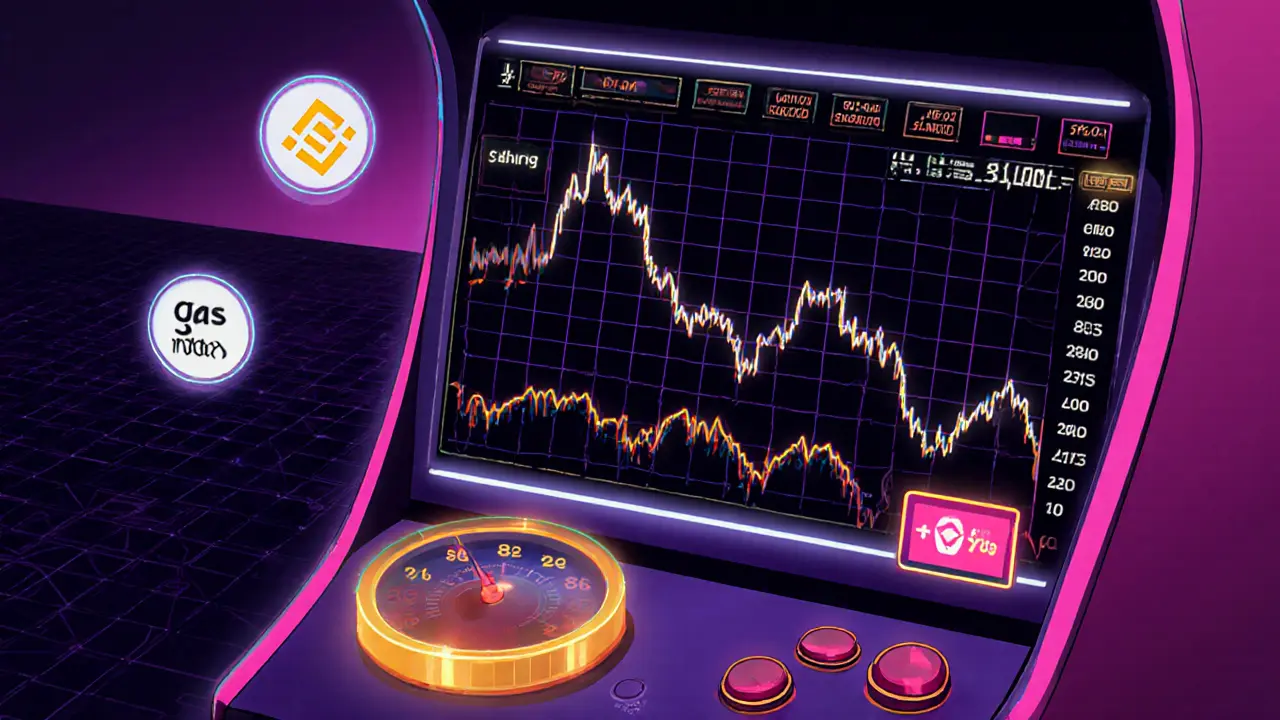 Retro arcade console showing volatile BABYSHIB price spikes and gas fee gauge.