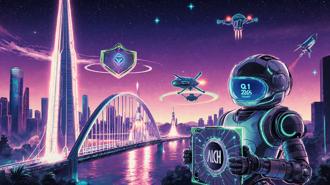 Retro‑future city with bridges to other blockchains, quantum shields, and rockets representing roadmap.