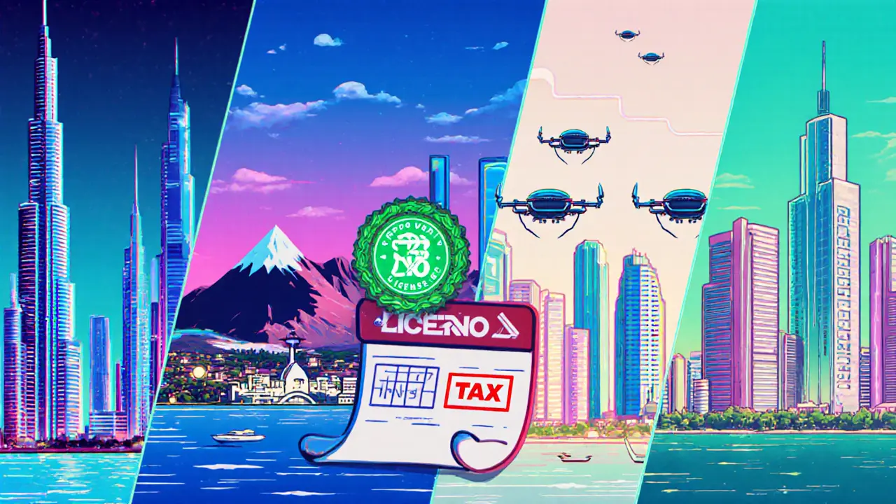 Retro‑future skylines of Dubai, Zurich, Singapore, Cayman Islands, and Bermuda with crypto icons.