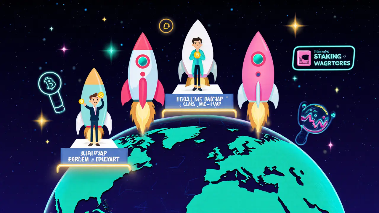 Retro‑futuristic illustration of tiered rockets representing large, mid, small, micro‑cap crypto categories with investor icons.