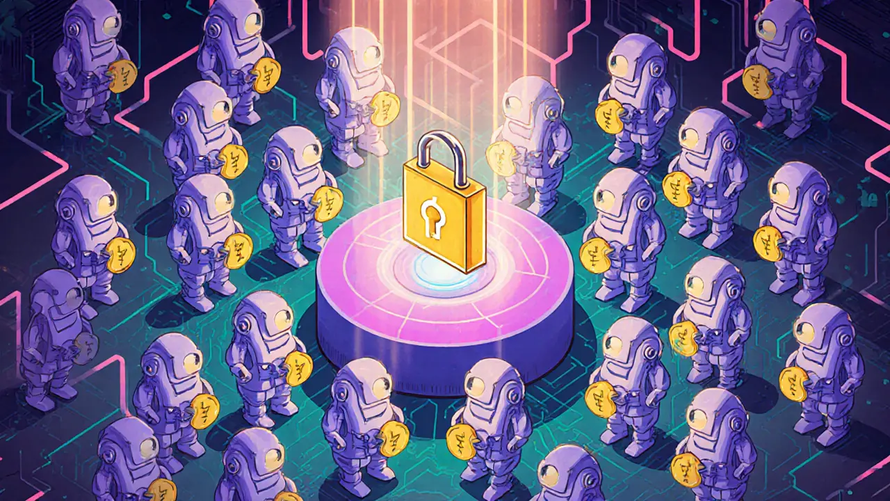 Robot Metanodes holding SWINGBY tokens and emitting converging light beams.