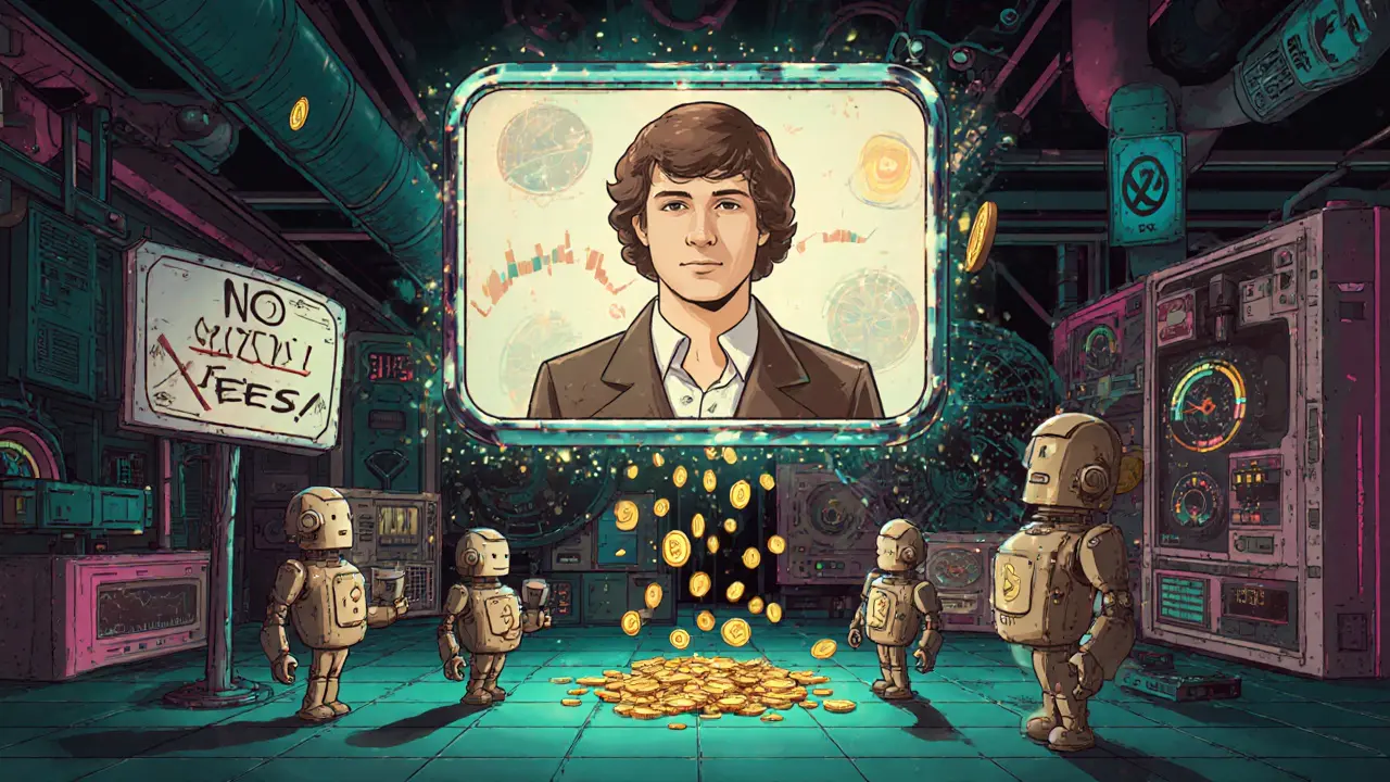 Robotic avatars copy trades from a hologram in a steampunk trading floor with golden coin rain.