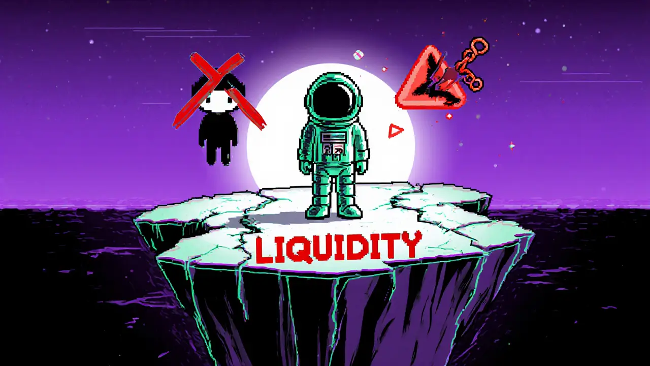 Space explorer on a cracked &quot;Liquidity&quot; platform with warning signs and a ghostly developer silhouette.