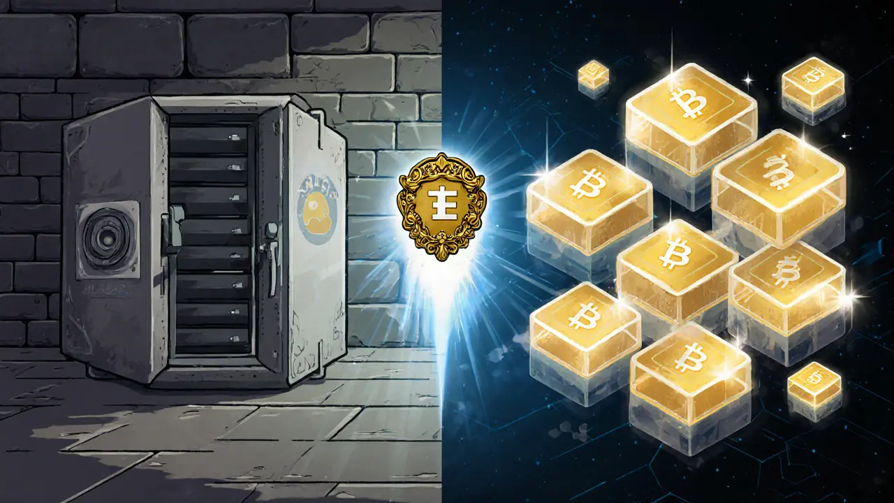 Split scene showing a classic game server versus a glowing blockchain ledger with an NFT token.
