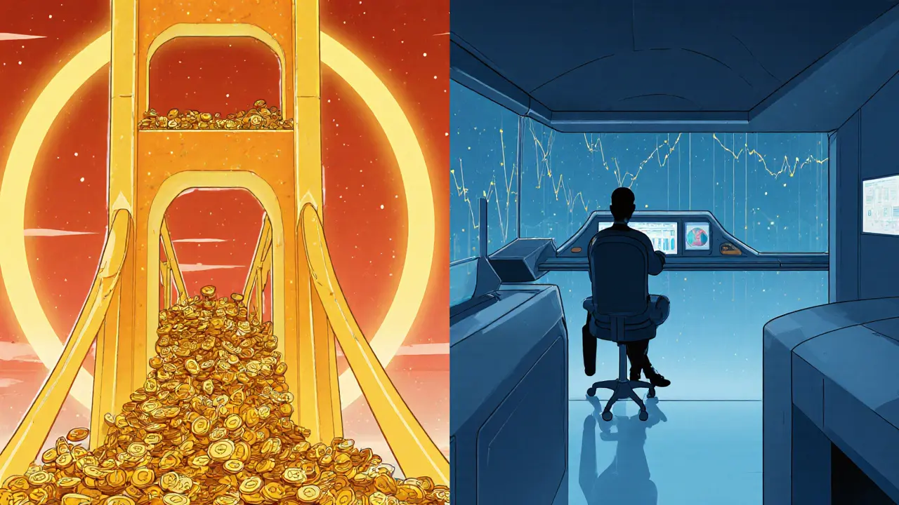 Split scene showing a large Wormhole bridge versus a small Swingby Skybridge.