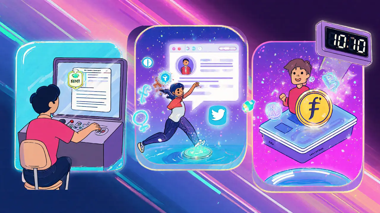 Split view of a user completing KYC, posting on Discord, and holding a tiny FOTA token.