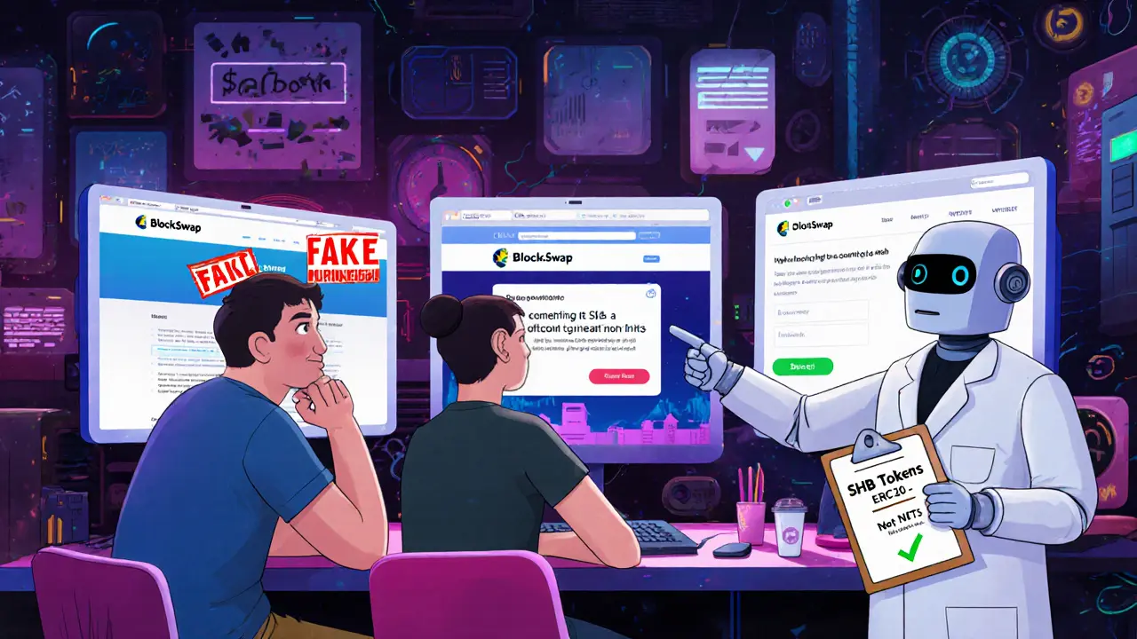 Three users in cyber-cafe confused by fake airdrop screens, robot points to real BlockSwap site.
