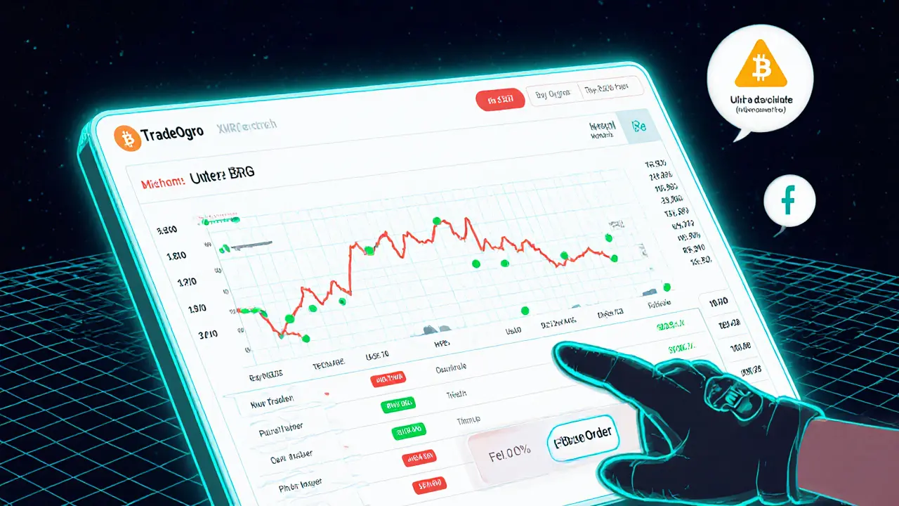 TradeOgre UI showing market chart, order book, fee icons, and a freeze warning.