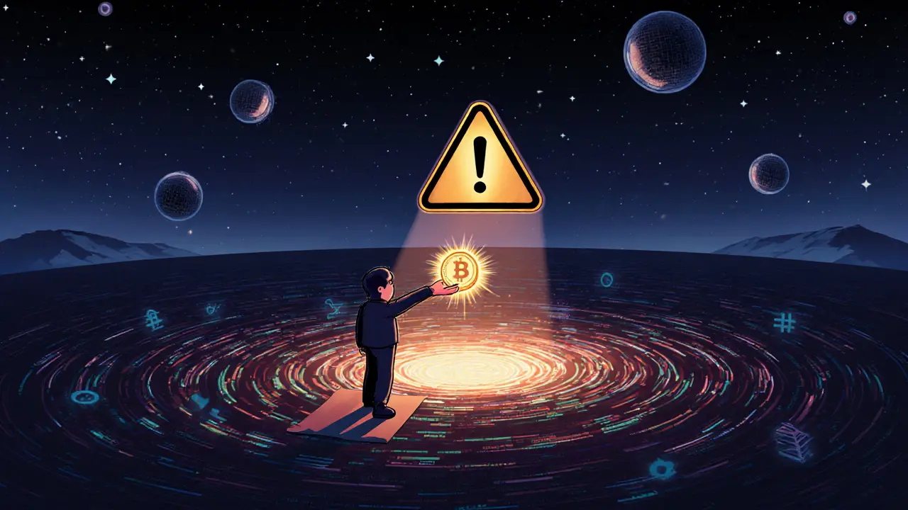 Trader hesitates before a glowing digital vortex with a crypto coin.
