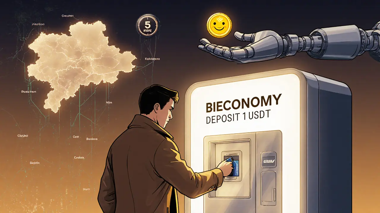 Traveler deposits 1 USDT at a futuristic kiosk with Kazakhstan map and friendly robot helper.