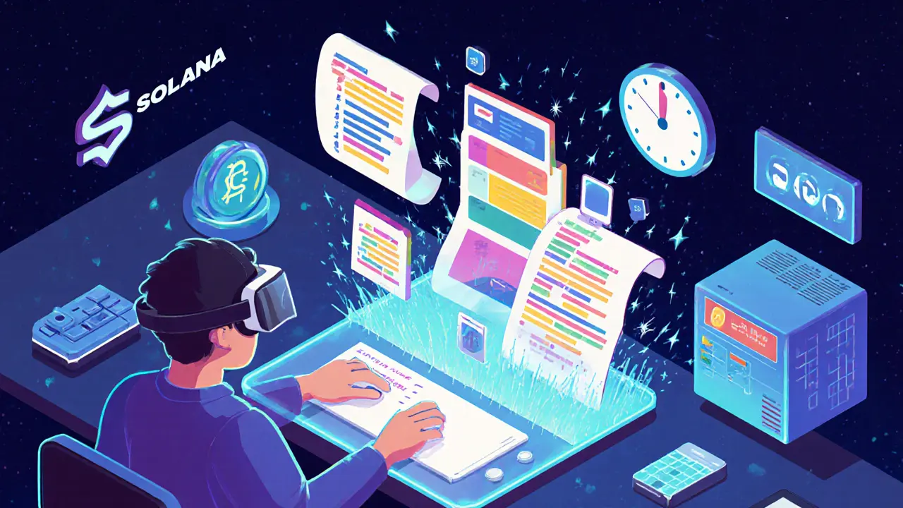 User typing a prompt as AI generates code, UI, and staking icons in a futuristic workspace.