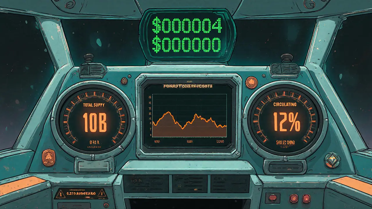 Vintage control deck showing AIRDROP2049 token supply gauges, price ticker, and a flickering line chart.