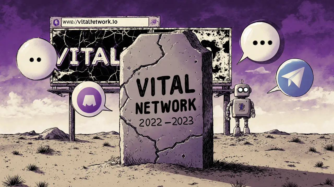 A cracked digital tombstone for VITAL in a blockchain desert, surrounded by frozen chat bubbles and a dying website billboard.