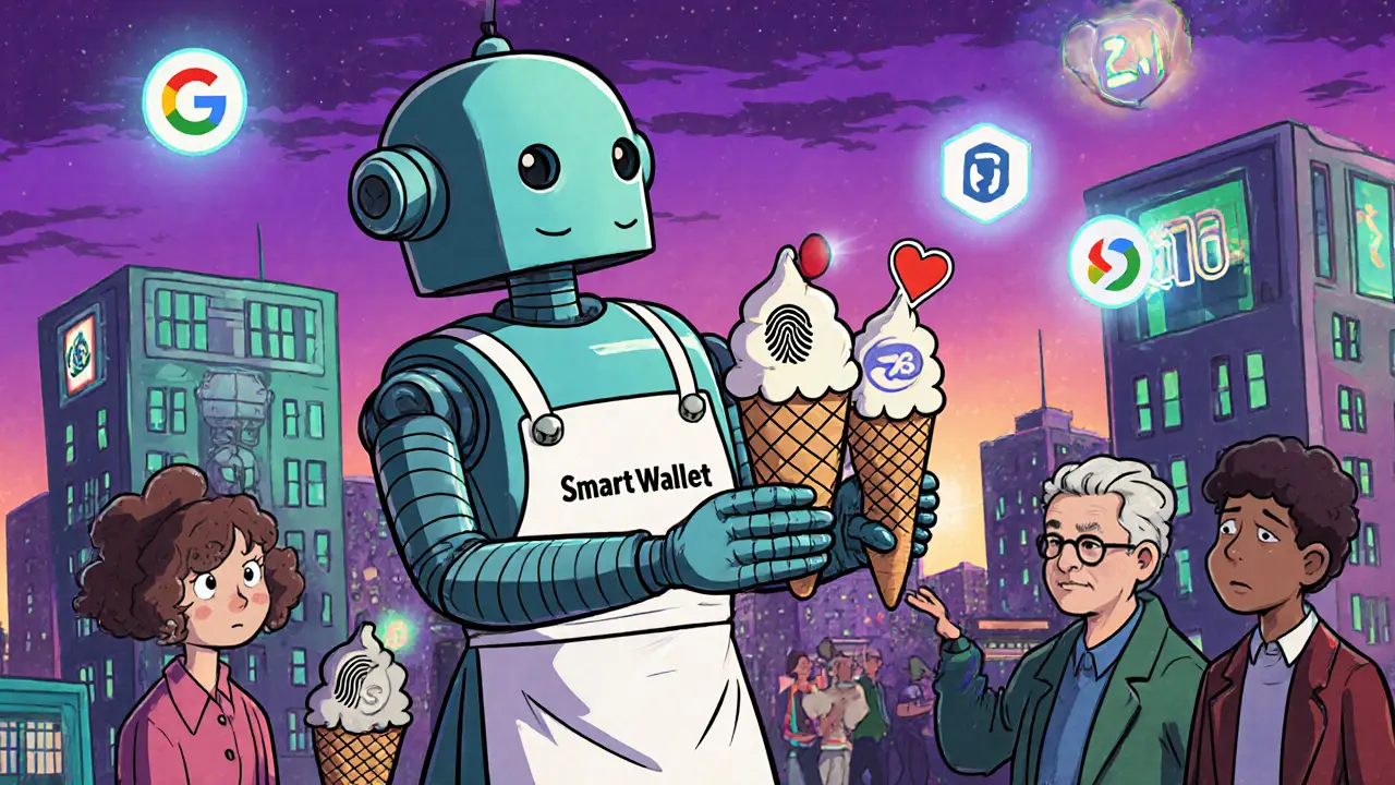 A friendly robot wallet serves ice cream cones with recovery icons to diverse people in a retro-futuristic city.