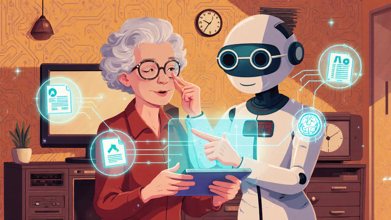 A grandmother unlocking her digital identity with a friendly AI assistant, sharing selective credentials in a cozy retro-futuristic home.