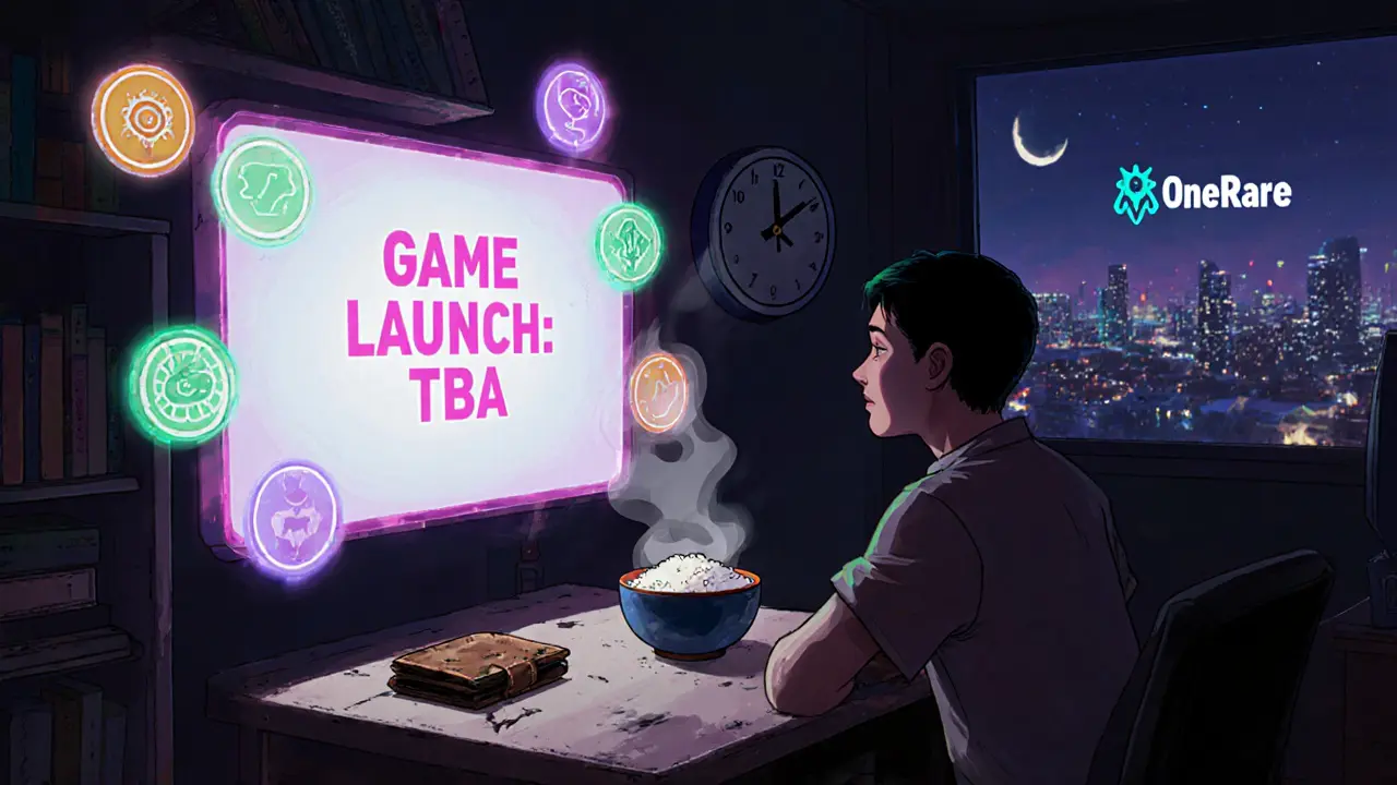 A lone player staring at a blank game launch screen with NFT ingredients floating nearby