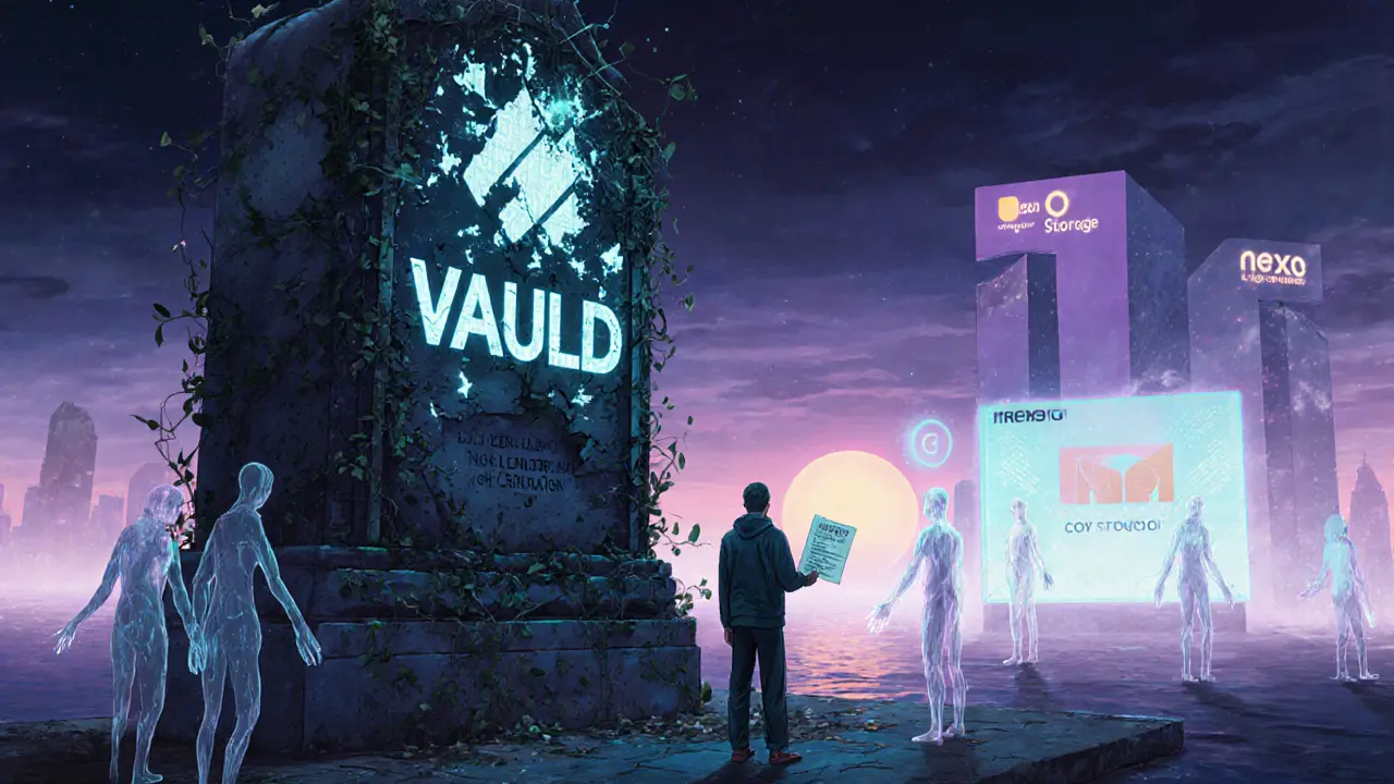 A lone user faces a crumbling Vauld monument while safer crypto platforms glow in the distance.