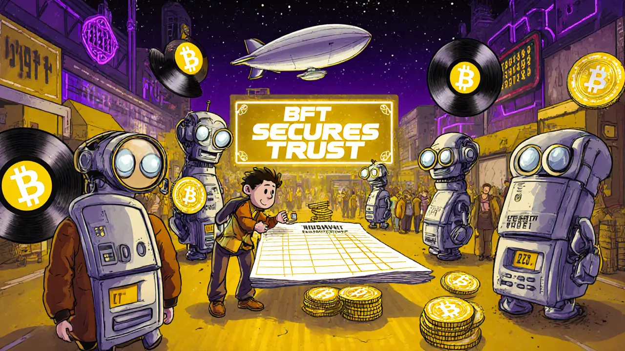 A merchant tries to cheat a blockchain ledger, but robotic validators reject the fraud in a retro-futuristic marketplace.